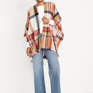 Old Navy Flannel Plaid Open Front Fringe Poncho